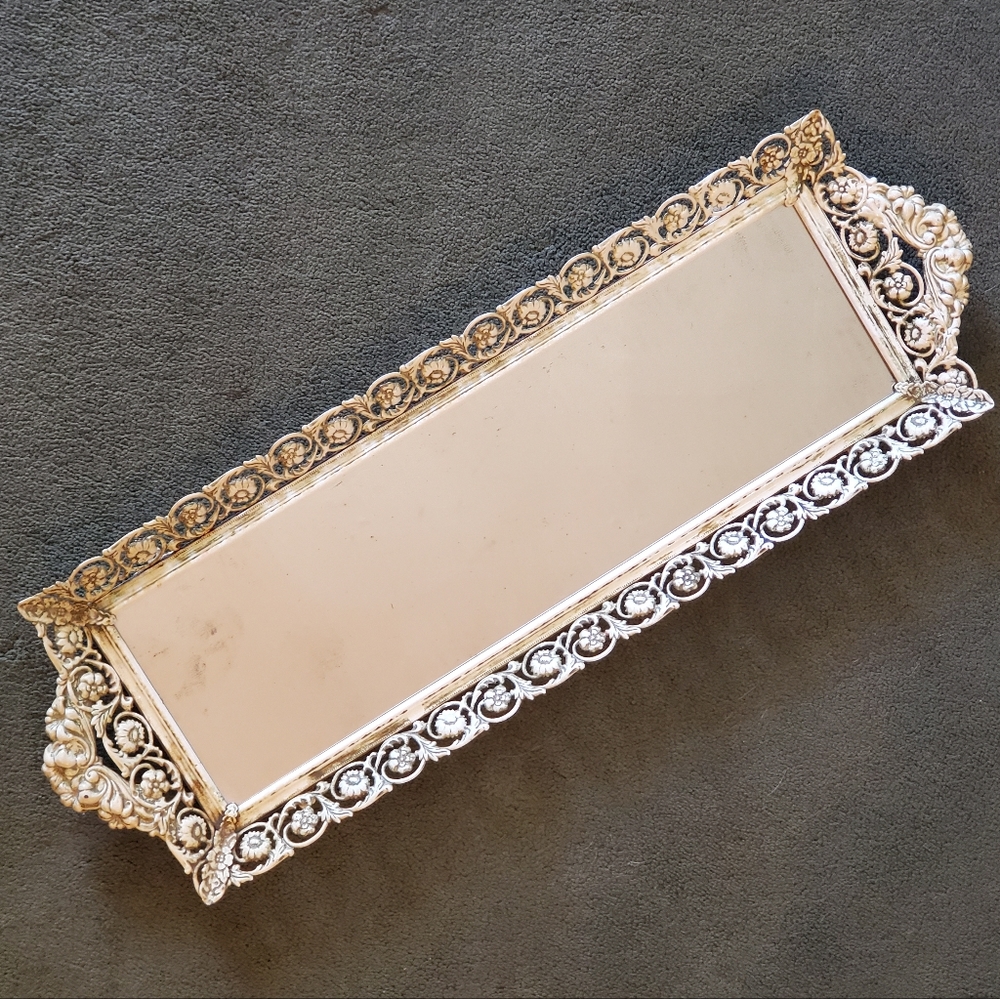 Antique Ornate Floral Mirrored Vanity Tray - Picture 3 of 6